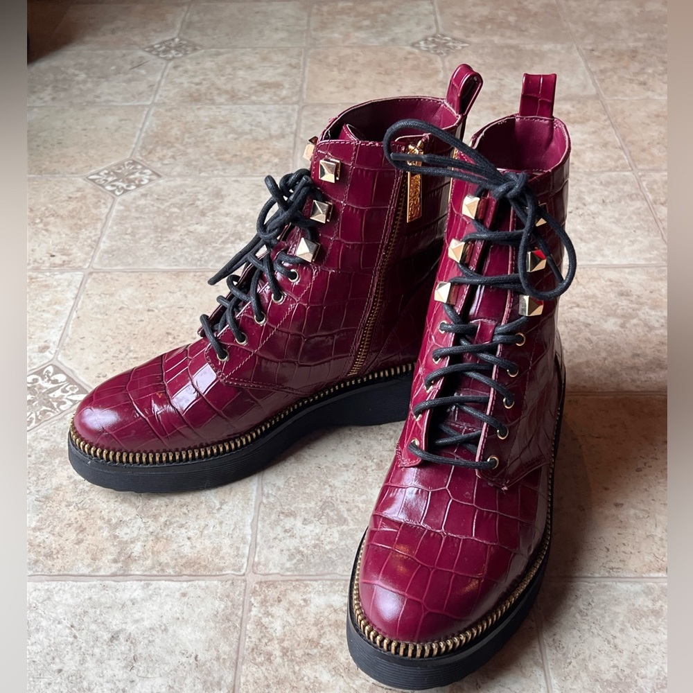 Michael Kors Burgundy Croc-Embossed Lace-Up Platform Boots